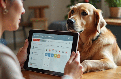 Veterinária atendendo cachorro