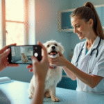 Veterinária tirando foto com cachorro