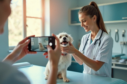 Veterinária tirando foto com cachorro