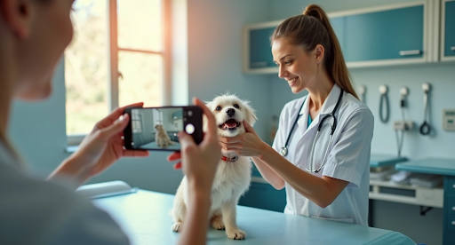 Veterinária tirando foto com cachorro
