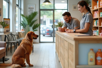 Cachorro frente ao balcão de pet shop