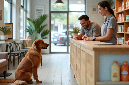 Cachorro frente ao balcão de pet shop