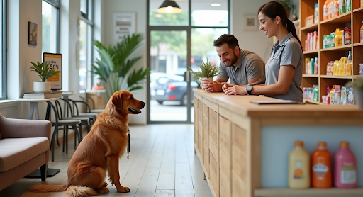 Cachorro frente ao balcão de pet shop