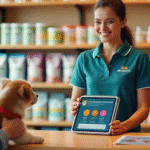 Atendente mostrando tablete para cachorro