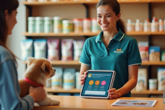 Atendente mostrando tablete para cachorro