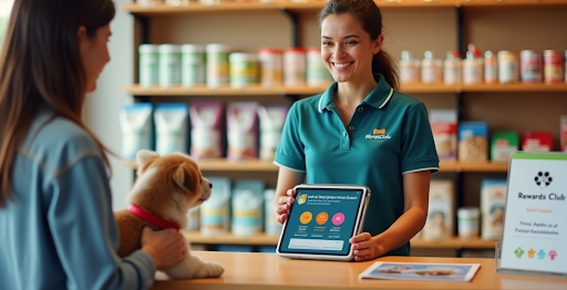 Atendente mostrando tablete para cachorro